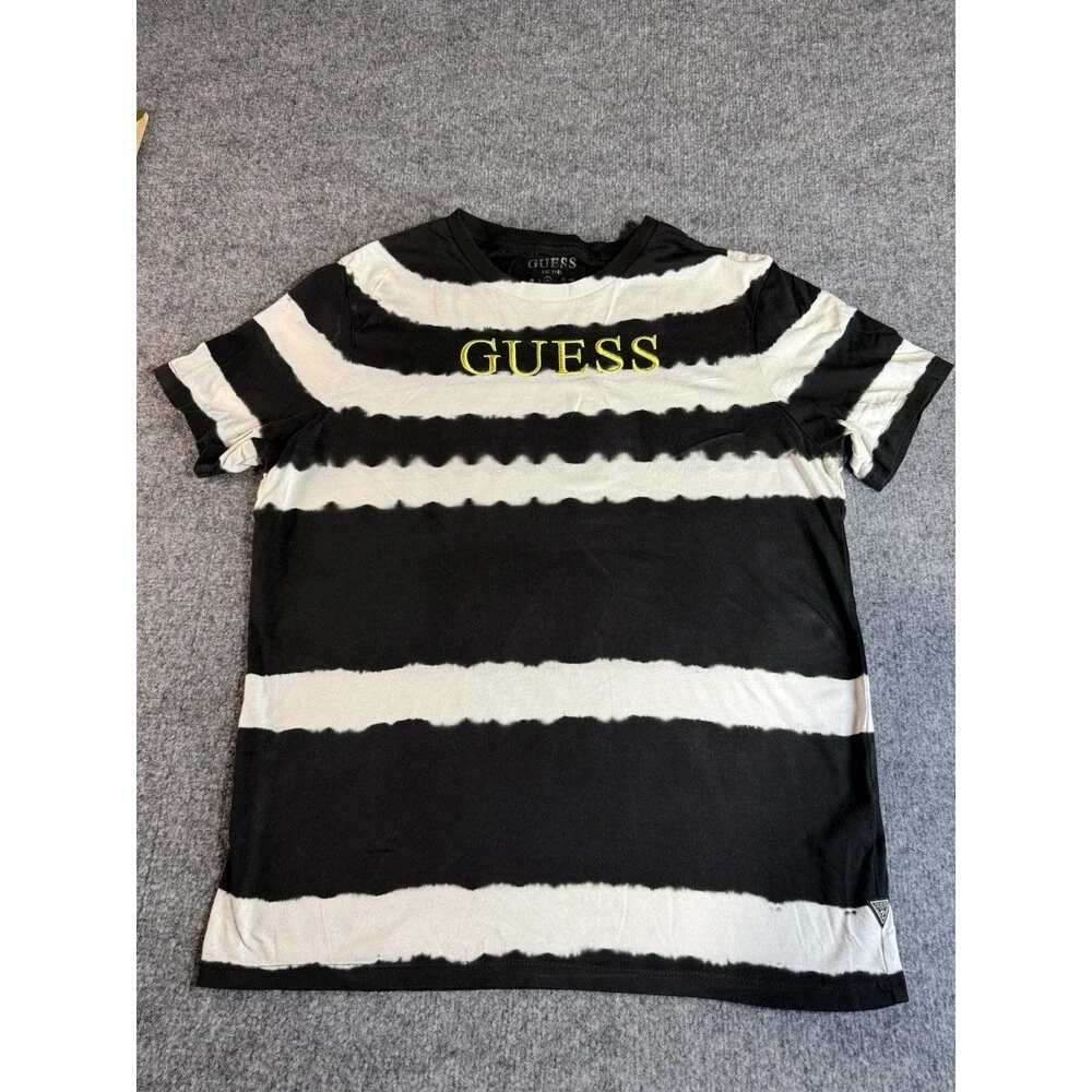 Guess Black & White Striped Embroidered T‑Shirt – Size M – Tie‑Dye Style - Picture 1 of 7